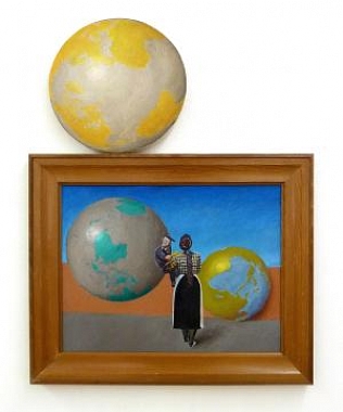 Nussbaum, Guido | Irish Egg, 2003-2011 | Oil on cotton on jute | Ø 34 cm || Zwei Weltkugeln mit Balthus’schen Repoussoirfiguren, 2011 | Oil on eternit, framed | 43 x 56 cm