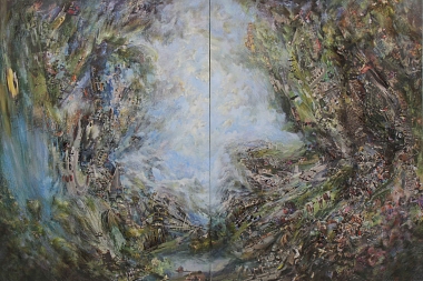 Landscape Nr. 5, 2012 | Öl, Acryl und Collage auf Leinwand, 2-teilig, integrierte Lautsprecher | 140 x 210 cm | Unikat