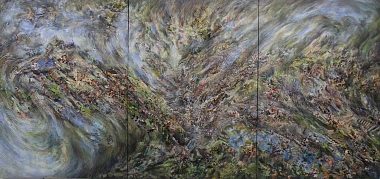 Landscape Nr. 9, 2013 | Oil, acrylic and collage on canvas, 3-part, integrated video displays with sound, and objects | 200 x 420 cm | Unique piece