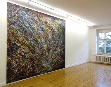 Landscape Nr. 11, 2013-2015 | Öl, Acryl und analoge Collage auf Leinwand, 6-teilig, | integrierter USB-Stick mit freiem Speicherplatz | 320 x 360 cm