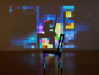 Exhibition view ZILLA LEUTENEGGER || TETRIS, 2016 | Video installation with object | Wood chair, 90 x 42 x 50 cm | Video projection, colour, sound, 4‘ | Ed. 3 + 1 a.c. + 1 e.c.