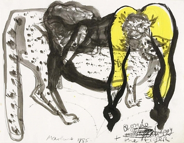 Blonde happy + the tiger, 1985 | Mixed Media auf Papier | 29,5 x 38 cm