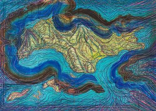 Abgrenzung/Encircling, Samos, 2020 | Acrylic and pastel on map 1:1‘250’000 | 74 x 104 cm 