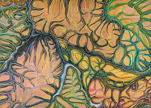 Vor und nach unserer Zeit, fruchtbar, Ofenpass, 2021 | Acrylic and pastel on paper | 50 x 70 cm 