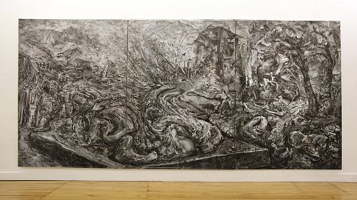 Landscape Nr. 19, 2021 | Analoge Collage auf Leinwand, teilweise geschliffen, 3-teilig | 245 x 510 cm 